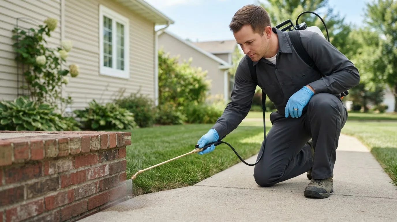Pest control technician treating a home near Finlayson, MN