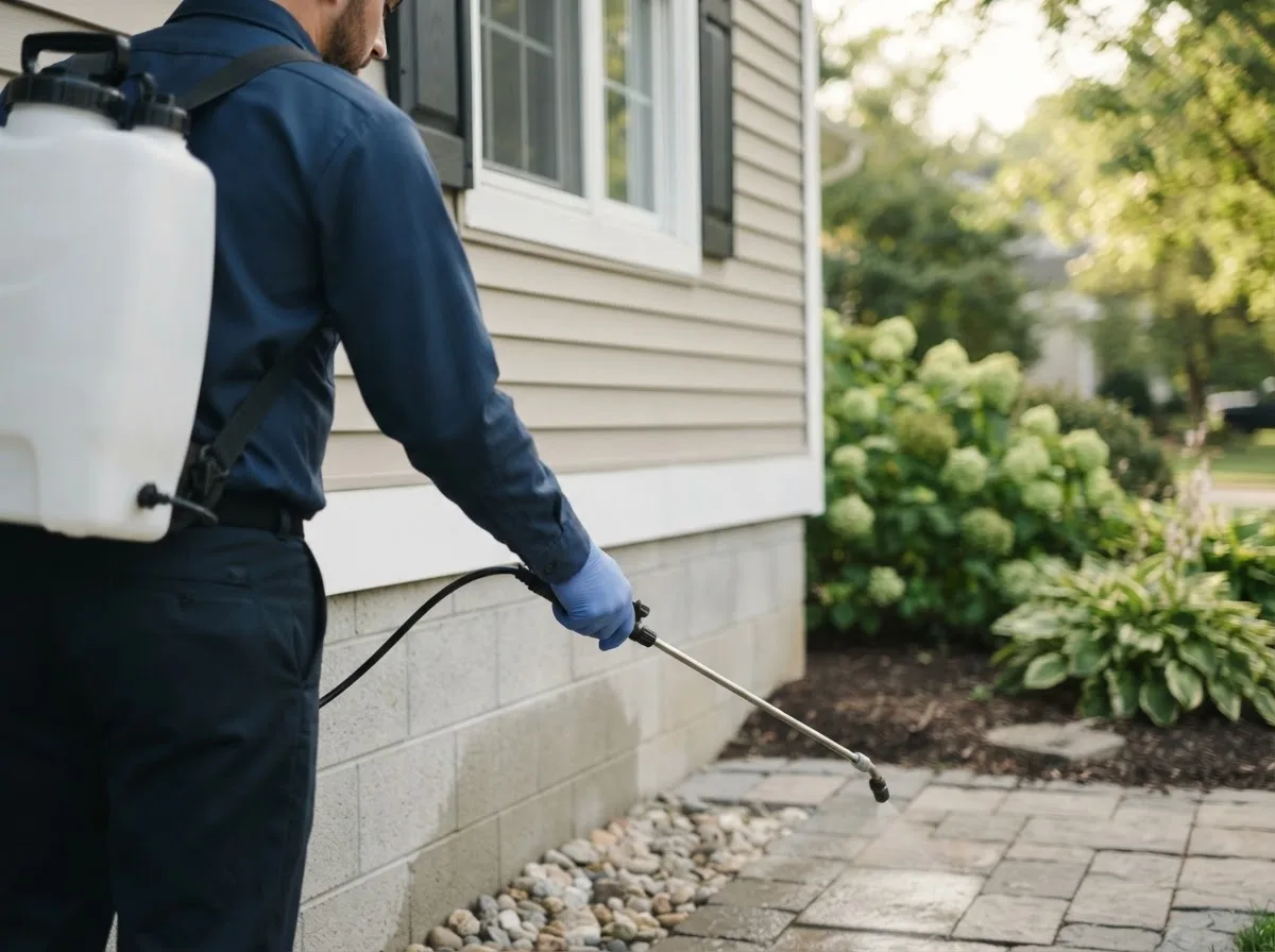 Pest control technician inspecting a home in Finlayson, MN